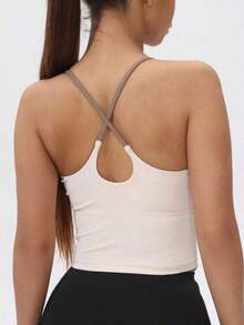 Women's Athletic T-Shirt With Fixed Padding, Color Contrast, Elastic, Summer Yoga Top - 象牙白 - 查看 3