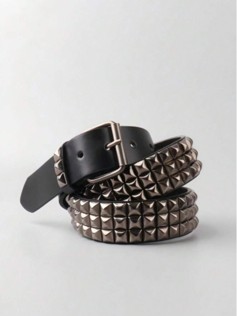 Thắt lưng da PU nam kiểu Gothic đính đinh tán, khóa ghim. - Màu Đen Súng - Xem 1