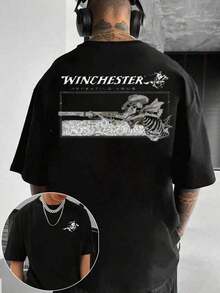 Pure Cotton T-Shirt With Winchester Repeating Arms Print, Skull And Rifle Design, Vintage Style For Men, Hip Hop Lovers, Urban Fashion Streetwear 2026 Graphic T-Shirts For Young Men With A Rebellious And Modern Style - 黑色 - 查看 1