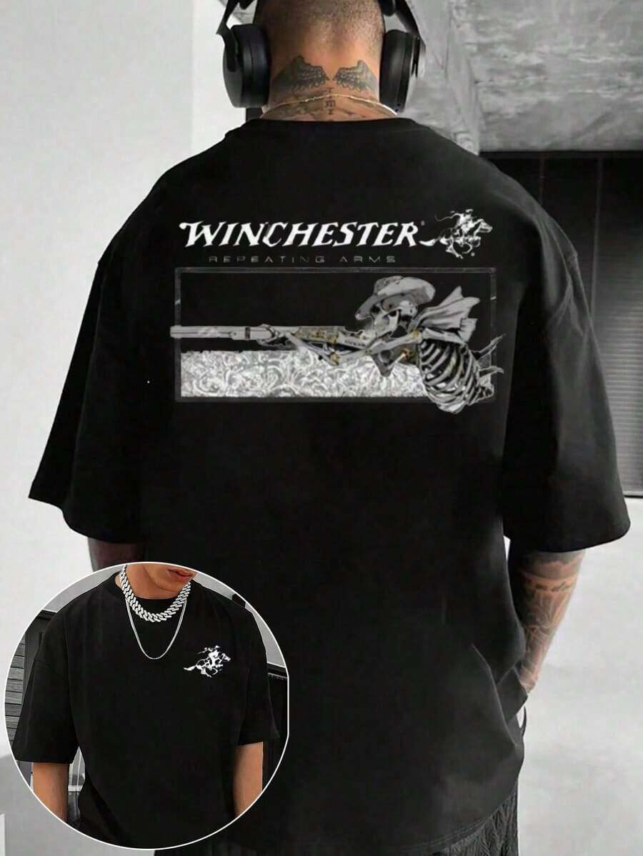 Pure Cotton T-Shirt With Winchester Repeating Arms Print, Skull And Rifle Design, Vintage Style For Men, Hip Hop Lovers, Urban Fashion Streetwear 2026 Graphic T-Shirts For Young Men With A Rebellious And Modern Style - 黑色 - 查看 1