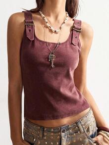 Prenda exterior bohemia de invierno/primavera, top ajustado de punto de unicolor morado lavado con detalles de hebilla de metal para mujer en estilo vintage y casual, apropiado para conciertos con estilo country occidental, adecuado para vacaciones en la playa, uso diario, vuelta al colegio, salidas y fiestas, Navidad, Año Nuevo, 2000s Y2K, vacaciones de verano - Morado - Ver 4
