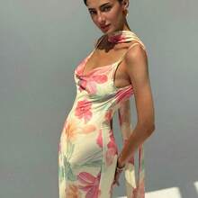 Nuevo vestido con cuello drapeado sexy con espalda descubierta, estampado de malla con flores románticas y tirantes extra largos - Albaricoque - Ver 8