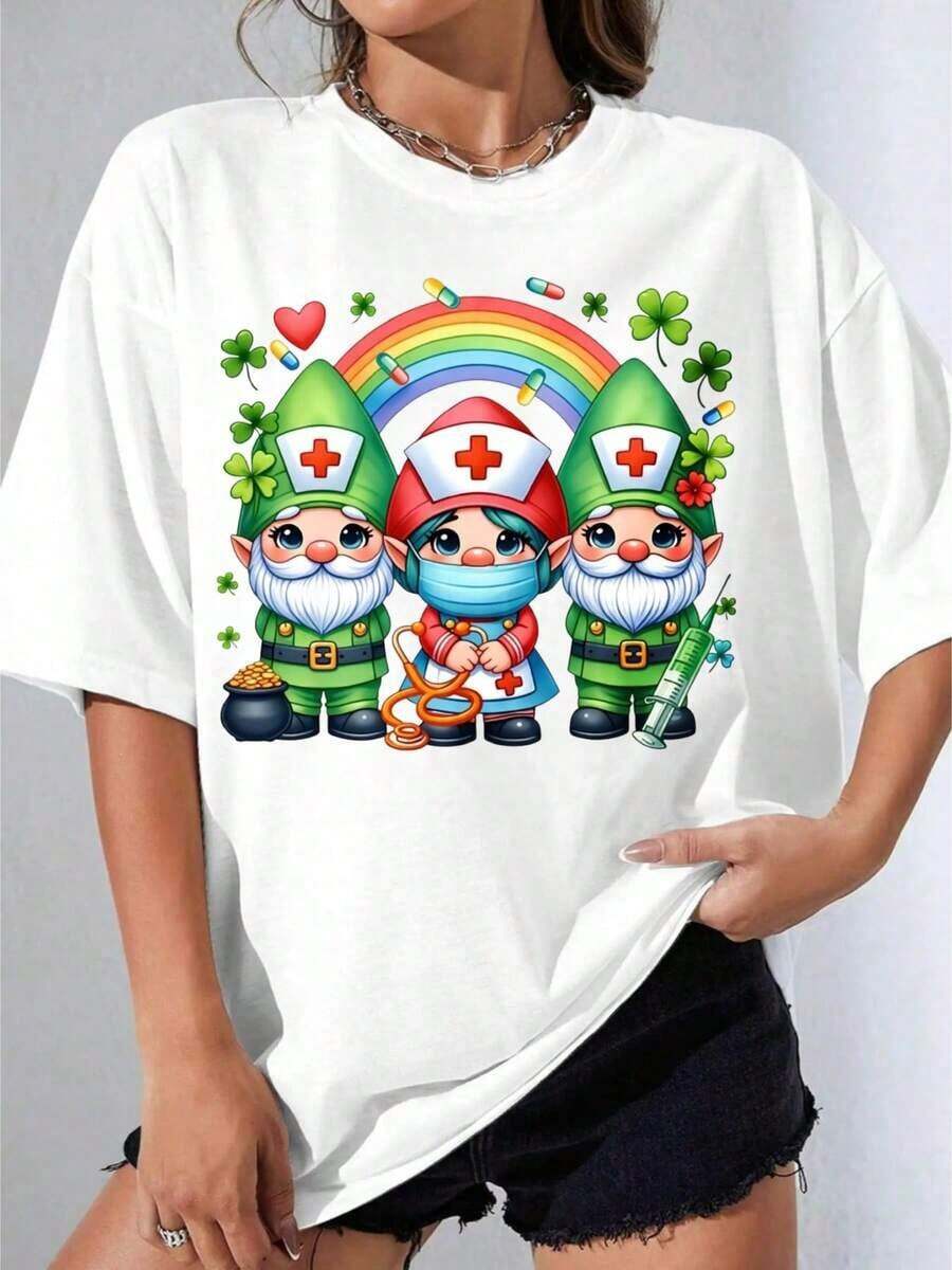 Girls' Black And White T-Shirt With Nurse And Adorable Gnomes Design, Rainbow And Shamrock Print, For Casual Wear, Gift For St. Patrick's Day, Outdoor Party, Casual Printed T-Shirt 220gropa De Mujer - 白色 - 查看 1