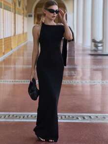 Vestido nueva llegada unicolor hombro único con cintas largas, estilo elegante y delicado - Negro - Ver 2
