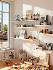 1pc Wall Mounted Floating Shelf, No Drilling Required, Wooden Board Storage Rack For Dorm, Living Room, Kitchen, Wall Decor Ledge - White - View 2
