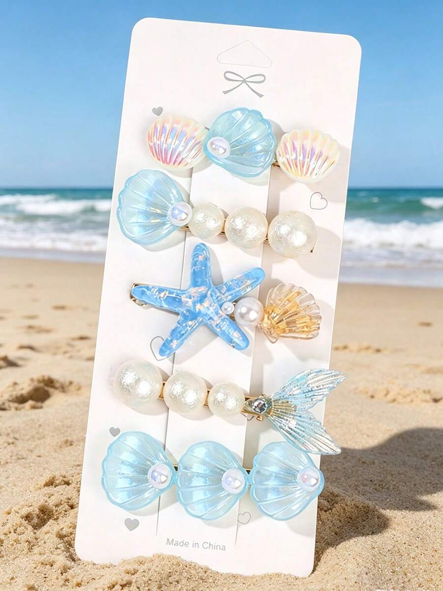 5 piezas Clips de pelo con tema oceánico, Clips de pelo con forma de concha de sirena y estrella de mar, Accesorios de moda para el cabello para niñas, Adecuado para vacaciones en la playa, uso diario, artículos esenciales para vacaciones - Multicolor - Ver 1