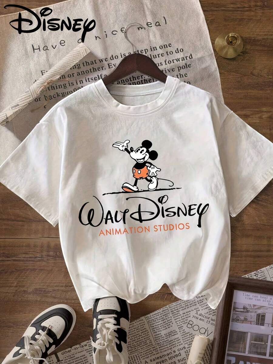 Disney "Mickey Mouse Clubhouse" Pattern Printed T-Shirt, Round Neck Pullover Women'S Casual Sports T-Shirt Short-Sleeved Top - trắng - Xem 1