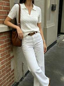 Women's Spring/Summer Series Cable Knit Pattern Turn Collar Short Sleeve Knit Top, Versatile Everyday Top White - White - View 3