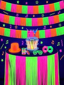 3 Packs Glow In The Dark Party Supplies, 118inch UV Black Light Fluorescent Fringe Garland For Neon Birthday Rave Disco Decorations Photo Booth Backdrop Halloween Table Skirt Decoration - View 1