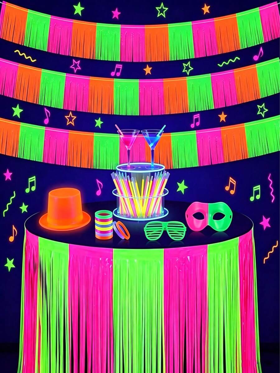 3 Packs Glow In The Dark Party Supplies, 118inch UV Black Light Fluorescent Fringe Garland For Neon Birthday Rave Disco Decorations Photo Booth Backdrop Halloween Table Skirt Decoration - View 1