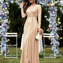 Sequin Long Sleeve V-Neck Twist Waist Slim Fit Wedding Dress Solid Color Women'S Elegant Fashion Long Formal Dinner Party Prom Gown - 香檳色 - 查看 1