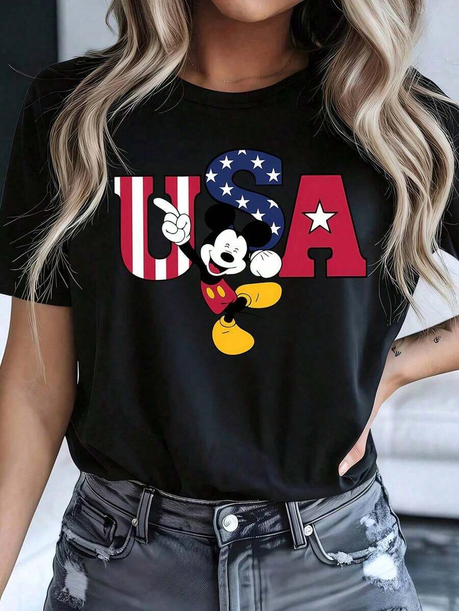 Disney Women's White Cotton USA Mickey Mouse Print Short Sleeve Round Neck Casual T-Shirt Regular Fit - Black - View 1