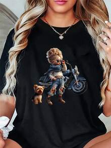 A Women's Casual Crew Neck Sports T-Shirt With A Cute Dog-On-A-Bike Print. A Fun And Stylish Design, Comfortable For All Seasons: Spring, Summer, Autumn, And Winter. A Piece Of Clothing You'll Definitely Love! - 黑色 - 查看 1
