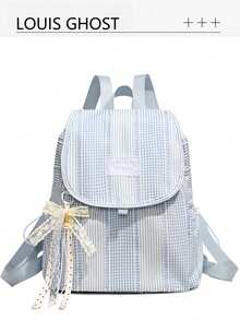 Fresh Colorblock Striped Backpack. No Pendant. Classic Flap Design, Can Easily Fit Daily Commute Essentials Like Phone, Tablet, Books, Umbrella, Etc. Wide Breathable Shoulder Strap Design, Distributes Weight, Whether Used As A Student's School Bag, An Office Worker's Casual Commute Bag, Or Even A Weekend Travel Backpack, It Can Perfectly Handle It. - Multicolor - View 14