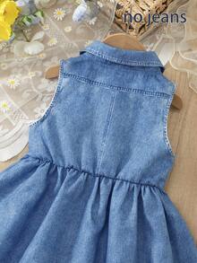 [Printed Effect, Non-Denim]Young Girl Fashion Casual Denim Like Faux Pocket Cartoon Animal & Flower Print Sleeveless Front Button-Down Collar A-Line Skirt Dress, Suitable For Daily Casual, Weekend Outings, School Daily Wear, Summer Girls Dress - Multicolor - View 9
