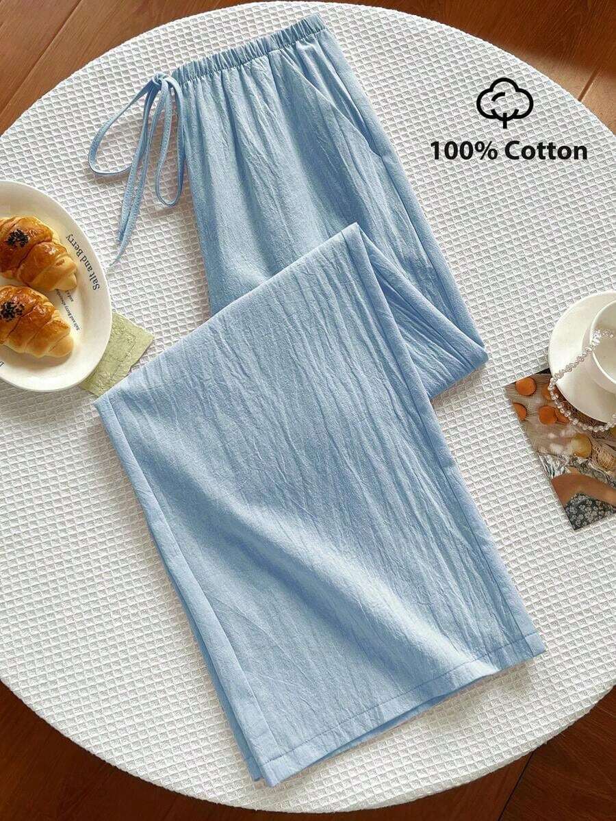 Pantalones sólidos de mujer con nudo, pantalones casuales sueltos, pantalones a rayas, pantalones de vacaciones, pantalones anchos de verano para mujer, pantalones anchos de mujer, pantalones de verano de mujer, pantalones de mujer - Azul - Ver 1