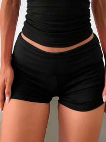 Women's High Elasticity Fabric Solid Color Ruched Tight Shorts Summer - Pure Black - View 3