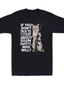 Cat, If You Don't Talk To Your Cat About Guns, Who Will? T-Shirt, Comfortable And Soft Clothing, Women's T-Shirt, T-Shirt, T-Shirts, Basic Tops, T-Shirts For Women. - 黑色 - 查看 1