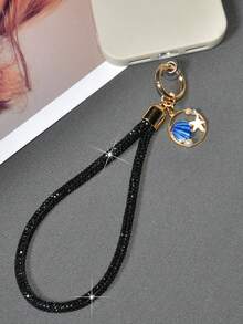 Black Crystal Rhinestone Phone Lanyard Strap, Shiny Durable Anti-Lost Phone Charm, Creative Ocean Starfish Shell Pearl Keychain Pendant - Starfish Shell Pendant With Black Short Cord - View 6