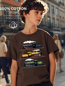 100% Cotton T-Shirt For Boys, With Vintage Steam Locomotive Design, Machine Washable, Suitable For All Seasons, Ideal For Outdoor Activities, Soft And Knitted, Comfortable And Breathable, With Cute And Interesting Designs. - 灰色 - 查看 2