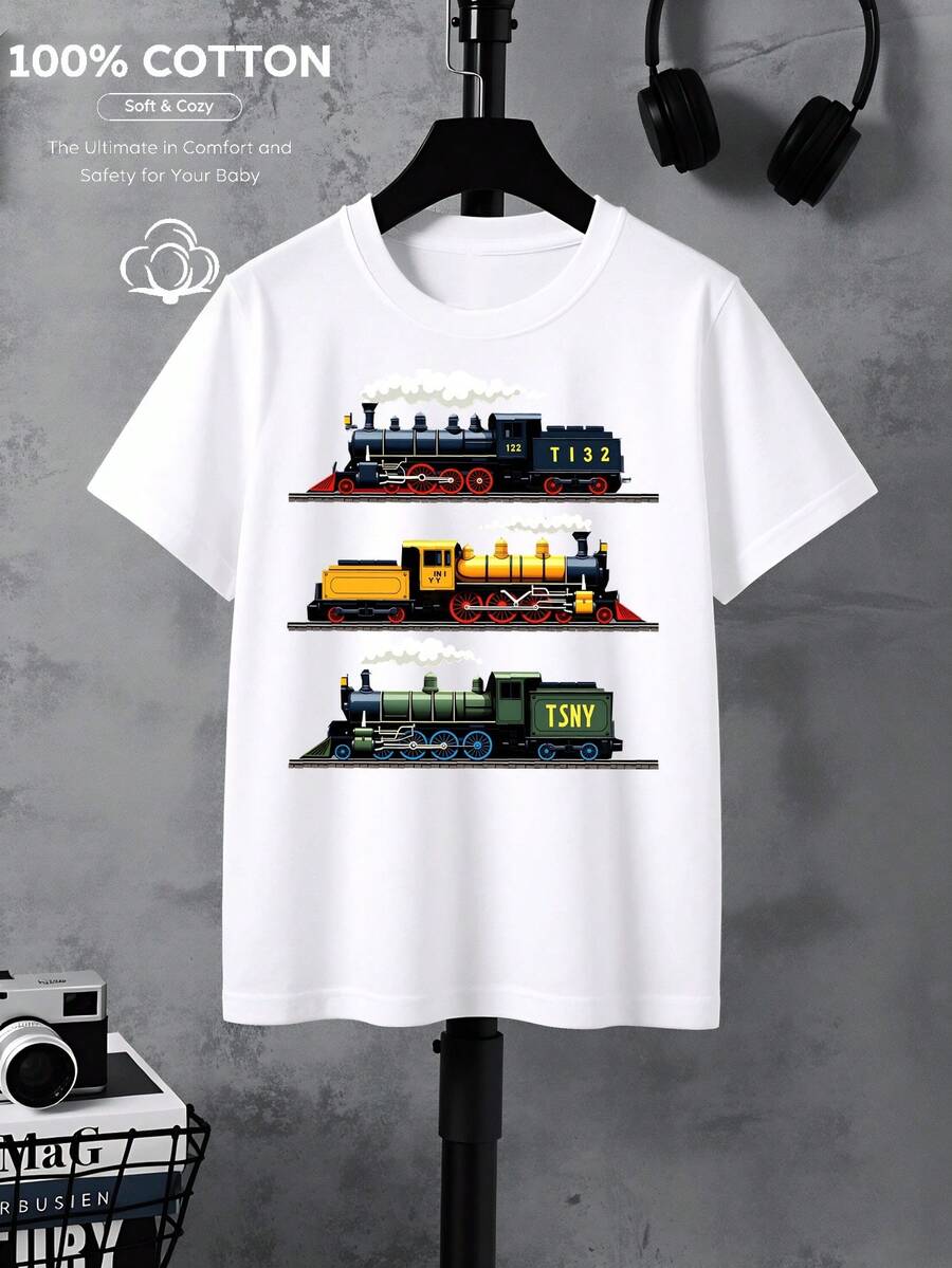 100% Cotton T-Shirt For Boys, With Vintage Steam Locomotive Design, Machine Washable, Suitable For All Seasons, Ideal For Outdoor Activities, Soft And Knitted, Comfortable And Breathable, With Cute And Interesting Designs. - 白色 - 查看 1
