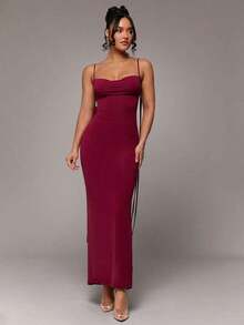 xheSilquee Vestido elegante y sexy de color rojo liso con espalda descubierta, ruedo de sirena y cuello de halter, adecuado para cóctel, cita romántica, vestido de malla de punto, fiesta, boda, Halloween, Navidadxhe - Burdeos - Ver 2