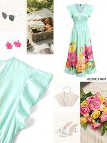 xheEllevyn Vestido largo elegante de mujer con cintura fruncida y volantes, vestido de verano para vacaciones, vestido para citasxhe - verde menta - Ver 5