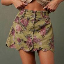 guangzhougaolangshangmao  Falda vaquera mini de línea A con estampado de flores, de algodón 100%, con botones delanteros y cintura alta con escote ondulado. Casual, linda, para otoño, invierno, estilo bohemio, vestimenta occidental para mujer, atuendo para conciertos de música country - Albaricoque - Ver 2