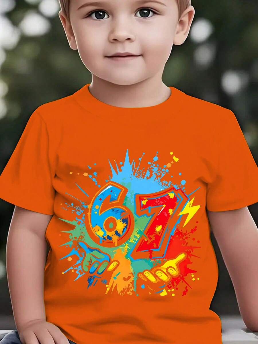 Boys' Short-Sleeved T-Shirt, Summer Fashion, With Cartoon Print Of The Number 67 With Ink Splatters, Ideal For Casual Outdoor Activities, NY-DX9594 - 紅色 - 查看 1