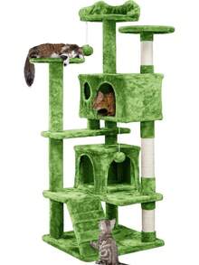 Dark Grey Multilevel Cat Tree Tower 138.5cm With Condos Ladder Scratching Posts Indoor Cat Climbing House Pet Activity Centre For Kittens - Green - View 10