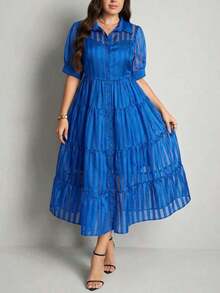 Comfylo Vestido camisero de manga abullonada con rayas y malla para mujer de talla grande - Azul - Ver 6