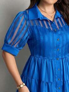 Comfylo Vestido camisero de manga abullonada con rayas y malla para mujer de talla grande - Azul - Ver 7
