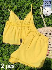Conjunto informal de 2 piezas de mujer en azul marino con lunares, incluye camiseta de tirantes y pantalones con estampado de lunares, adecuado para primavera, verano, vacaciones, hogar, festivales de música, vuelta al colegio, atuendos casuales - Multicolor 2 - Ver 4