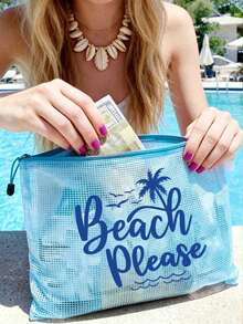 防水時尚沙灘包，印有「Beach Please」彩色圖案、棕櫚樹、海鳥、波浪圖案。大容量透明化妝包配尼龍拉鍊 - 輕巧，春/夏季防曬收納，適合游泳、沙灘、潛水和夏季度假，學生返校，送給朋友、家人、閨蜜、同學的禮物。生日、節日、派對、婚禮（伴娘）、教師節的完美禮物和紀念品。郵輪必備，畢業、夏季度假、返校、開學禮物 - 彩色 - 查看 7