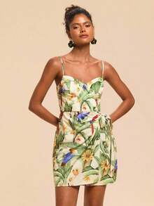 Vestido mini de verano con efecto envolvente y estampado tropical con lazada, estilo informal para vacaciones, prendas de verano para mujer, ropa de playa, Pascua, atuendos de playa para mujer, ropa de vacaciones para mujer, atuendo de concierto para mujer, estilo bohemio, ropa de festival de música, ropa de mujer para vacaciones tropicales, romántico, vestidos de verano para mujer - Verde - Ver 3