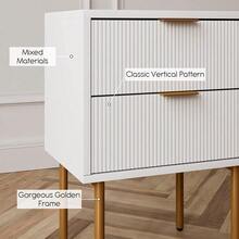 Mesa de noche moderna blanca con 2 cajones y patas metálicas doradas – Diseño compacto y elegante – Almacenamiento vertical para dormitorio, salón o entrada - Blanco - Ver 5