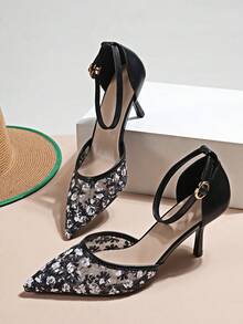 Black Pointed Toe Mesh Embroidered Patchwork PU Hollow Out Adjustable Buckle Fashionable Versatile Stiletto High Heels - Black - View 1