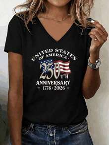 New Spring/Summer Casual Loose-Fitting Fashionable V-Neck (100% Polyester) And Crew Neck (100% Cotton) Short-Sleeved T-Shirts, Featuring A 250th Anniversary Of American Independence Commemorative Print, Patriotic-Themed Short-Sleeved Shirts For American Independence Day, Patriotic-Themed Tops, American Flag Prints, V-Neck And Crew Neck T-Shirts, Independence Day Apparel, National Day Commemoration, American Retro Style, Personalized Prints, Casual Everyday Wear, Red And Blue Color Scheme, Historical Commemoration, Retro Street Style Unisex Loose-Fitting Pure Cotton Short-Sleeved Crew Neck T-Shirts. - 黑色 - 查看 10