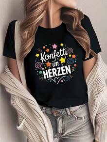 Comfortable Solid Color T-Shirt For Women Heart's Confetti In The Heart - Black - View 1