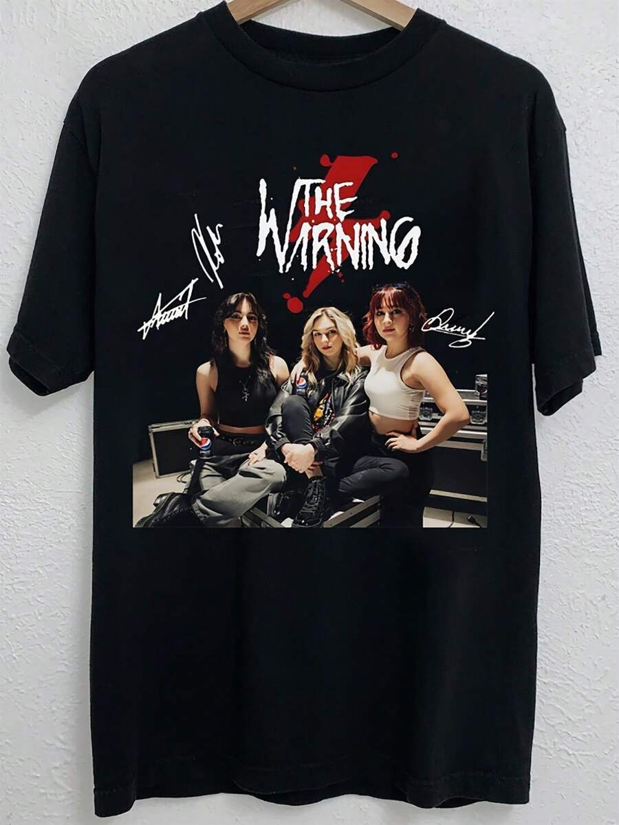 Official-Shirt Signed By Warning Band - Durable 200Gsm Concert Apparel, Rock Collectible Item With Band Member Signatures And - Comfortable Concert-Shirt All Seasons - Black - View 1