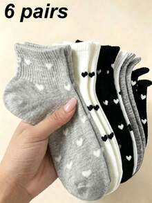 1/6 pares de calcetines cortos de mujer con lazo en forma de corazón de unicolor, calcetines de corte bajo transpirables y casuales, adecuados para uso diario, todas las estaciones - Multicolor - Ver 7