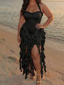 Plus Size Women's Green Ruched Ruffle Asymmetrical Hem Tube Summer Women Outfit Dress,Beach - Black - View 3