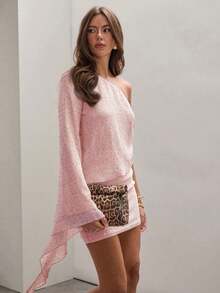 Vestido de verano de mujer elegante con un hombro, con textura y adornos de lentejuelas, vestido de un solo manga, vestido asimétrico, vestido lila para mujer, vestido de verano de un solo hombro, vestido asimétrico para mujer - Rosa Pálido - Ver 4