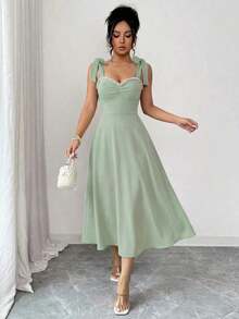 Vestido de tirantes con nudo en el hombro, decoración de perlas falsas y cintura ceñida, estilo vintage elegante, adecuado para verano, San Valentín, citas, vestido formal de alta calidad para mujer, vestidos elegantes clásicos - verde menta - Ver 5