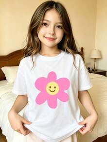 Pink Flower With  Face Printed T-Shirt For Kids - White - View 8