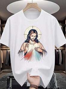 Camiseta Básica de Algodón para Vacaciones|   Estampado de la Divina Misericordia en Algodón de 180g, Blanco/Negro|   Camiseta Básica Unisex para Capas - Blanco - Ver 7