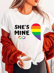 Top estivi, casual, vestibilità ampia, T-shirt "She's Mine" con mezzo cuore arcobaleno e scritta alla moda, top casual a maniche corte con scollo rotondo per l'estate e la primavera, abbigliamento donna, T-shirt in cotone - Bianco - Visualizzare 6