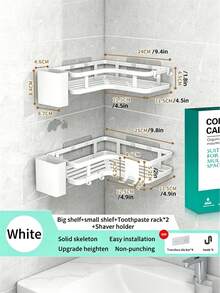 2 piezas Estantería de ducha de esquina sin taladro montada en la pared Organizador de baño con soporte para cepillo de dientes Ganchos Estante de metal antioxidante para almacenamiento de inodoro, cocina, champú, cosméticos y suministros del hogar - 2 años - Ver 7