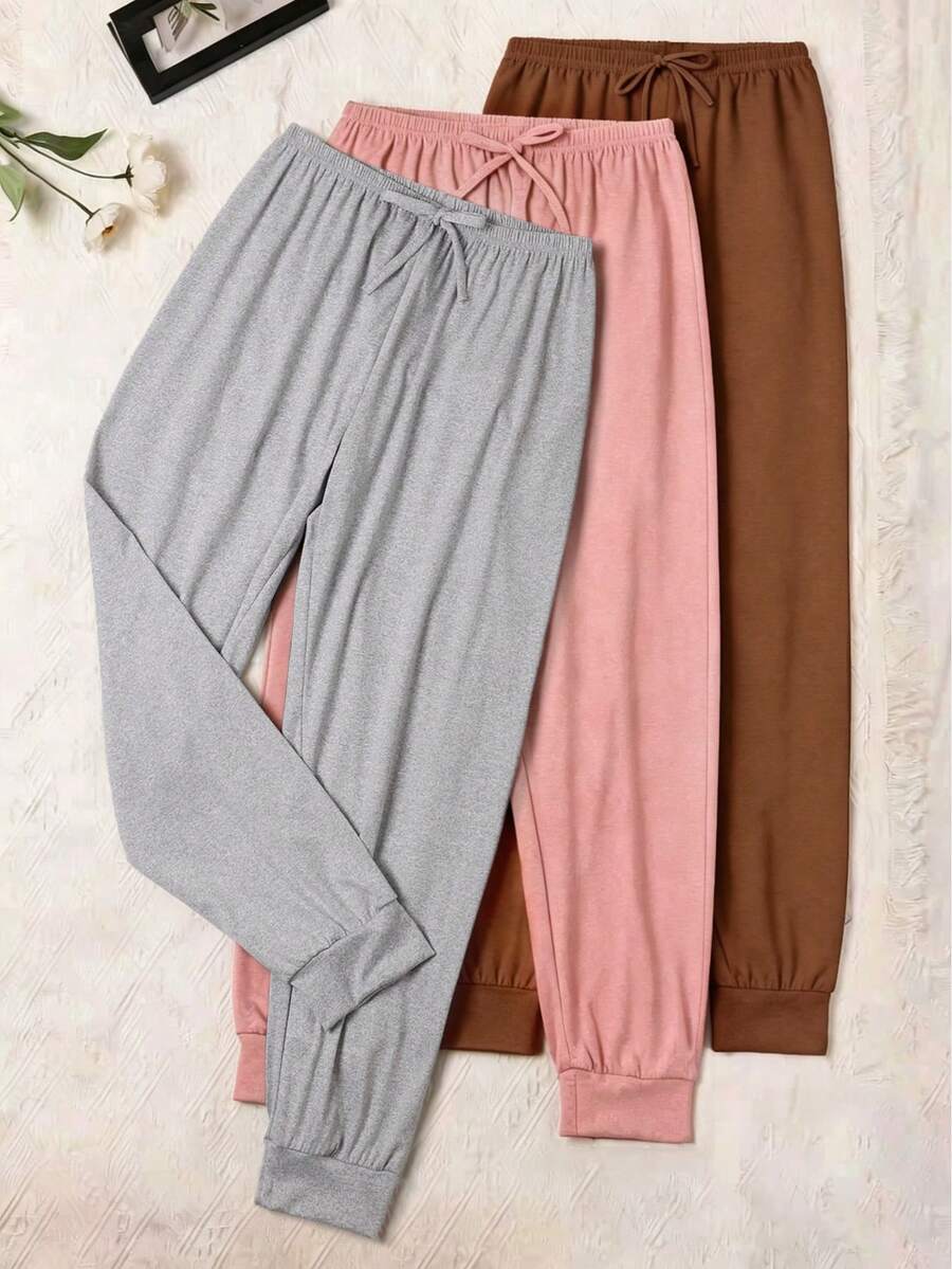 3pcs Comfortable Solid Color & Printed Women's Pajama Pants, Polyester Knit Fabric, Casual Style Ladies Trousers, Lightweight Soft Pants For Spring, Summer & Autumn - Multicolor - View 1