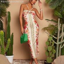 Yunuo Menswear Vestido ajustado sin espalda con estampado tropical casual de vacaciones, conjunto de verano para mujer, atuendo de playa para mujer, vestimenta occidental para mujer, atuendo de concierto para mujer, bohemio, vacaciones tropicales, vestidos bohemios para mujer, vestidos tropicales para mujer, vestidos para mujer, nuevos llegados de vestidos de vacaciones para mujer, atuendos de vacaciones para mujer - Verde - Ver 11